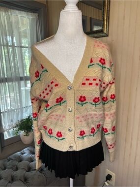 LovLov Floral Cardigan Sweater Medium Cottagecore Grandpa Coquette Jeweled